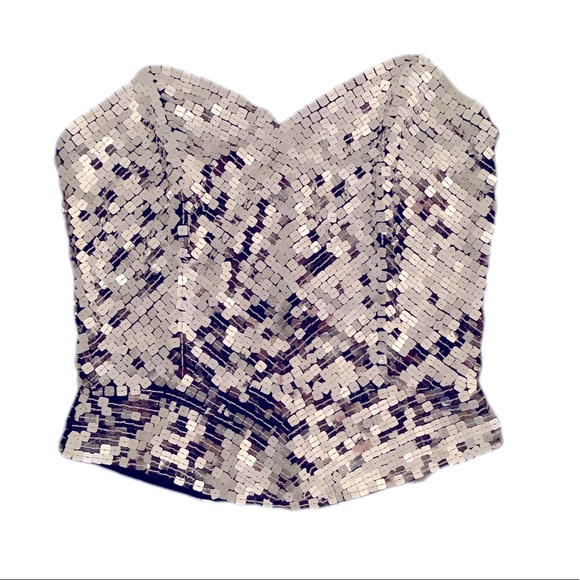 Oleg Cassini Tops - Vintage Oleg Cassini silver sequin bustier with peplum from 80s